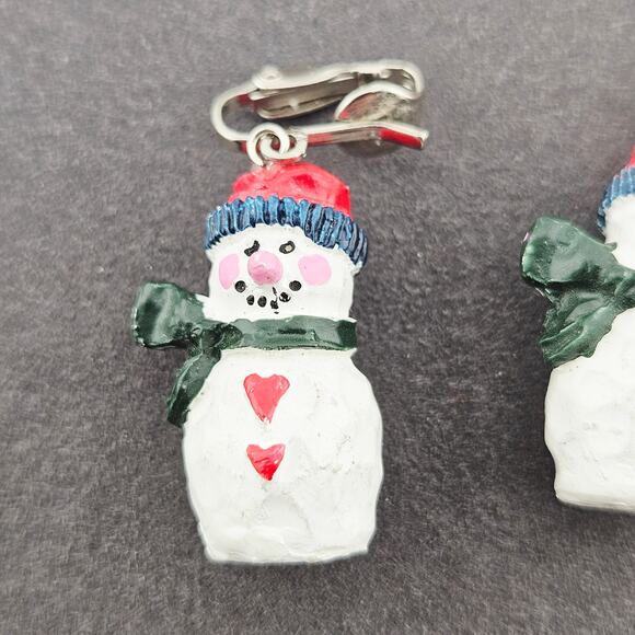Hand Painted Snowman Earrings Silver Tone Clip On Winter Rustic Grannycore - Picture 2 of 4